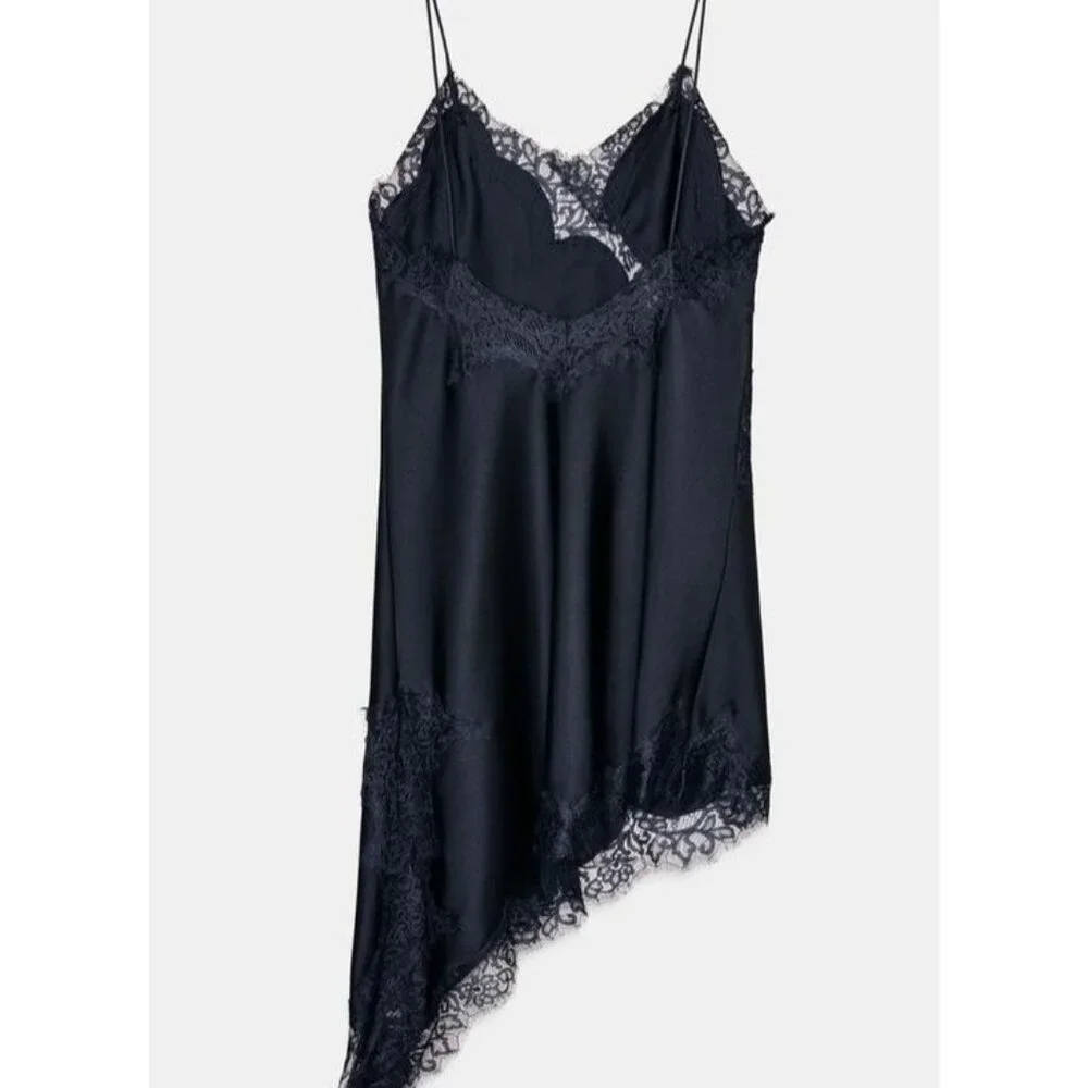 Zara Womens Slip Dress S Black Satin Asymmetric Floral Trim Lace 5919/200 NWOT - Picture 3 of 13
